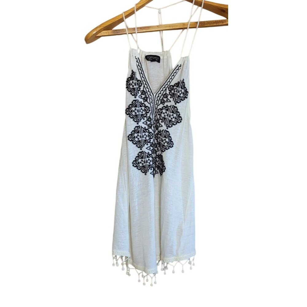 Topshop White Black Tassel Hem Top With Embroidery Design Size 4